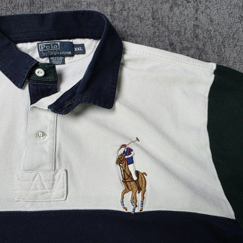 Vtg Polo Ralph Lauren Big Flesh Pony Rugby Polo Shirt Mens 2XL XXL Colorblock